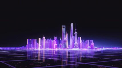 Informative, glowing neon colorful statistic hologram of the city on a dark background. Shanghai city, China. Cyberpunk concept. Digital 3D-Rendered modern animation for business presentations. - Powered by Adobe