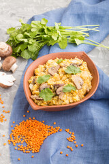 Lentils porridge with champignons. and coriander in a clay bowl on a gray concrete background. Side view.