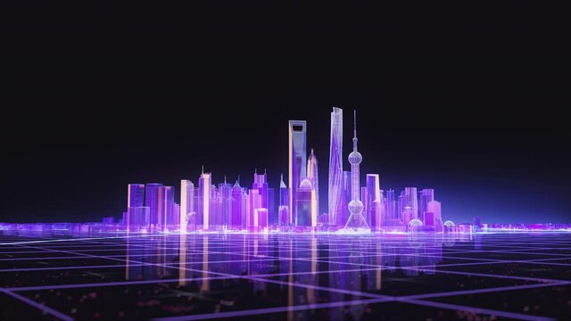 Informative, glowing neon colorful statistic hologram of the city on a dark background. Shanghai city, China. Cyberpunk concept. Digital 3D-Rendered modern animation for business presentations. - Powered by Adobe