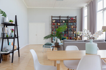 The interior design of the studio apartment in Scandinavian style. A spacious huge room in light colors. stylish expensive luxury furniture.