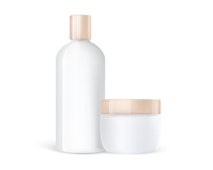 Cosmetic care cream jar and shampoo plastic bottle mockup with gold caps. 3d detailed cosmetic mockups.