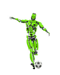 master cyber robot is kicking the football ball