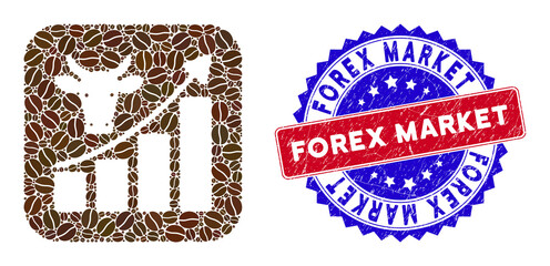 Vector collage bullish market trend and grunge bicolor Forex Market stamp. Mosaic bullish market trend designed as stencil from rounded square of cocoa seeds.