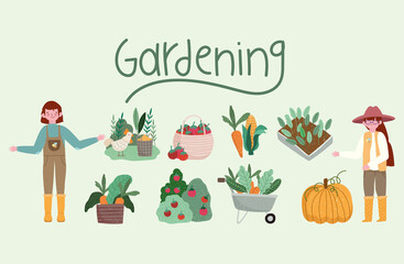Fototapeta premium gardening boy girl gardener wheelbarrow plants vegetables