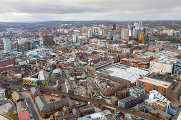 Aerial drone photo of the Leeds Kirkgate Market from above showing the large market and busses in the Leeds city centre West Yorkshire in the UK