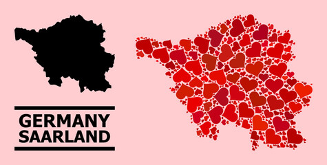 Love mosaic and solid map of Saarland State on a pink background. Collage map of Saarland State is formed with red lovely hearts. Vector flat illustration for love concept illustrations.