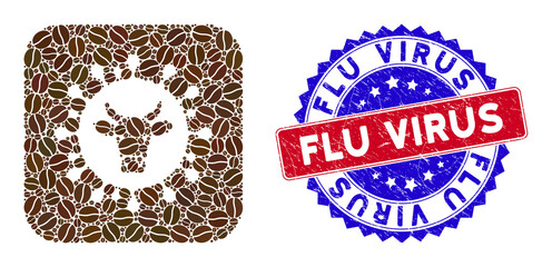 Vector mosaic cattle flu virus and grunge bicolor Flu Virus stamp. Mosaic cattle flu virus constructed as hole from rounded square of cocoa beans.