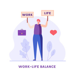 Work Life Balance Concept. Man Choosing between Career or Family on the Sale. Choose between Business and Relationship, Money or Love. Equality Concept. Vector illustration for Web Design