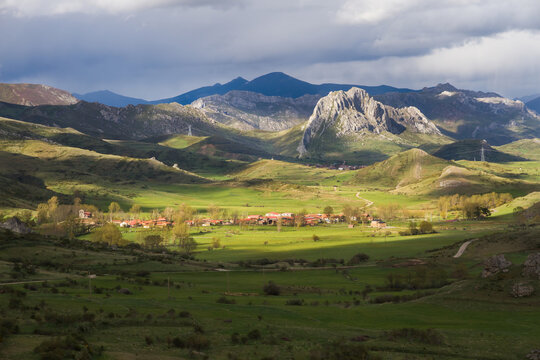 Small Mountain Town (Cubillas de Arbas) in a beautiful valley with green spring meadows. Leon province, Spain