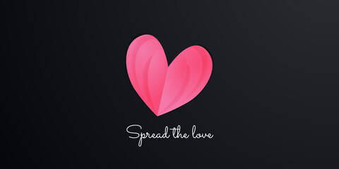 Happy Valentine's Day banner. Holiday background design with big heart made of pink, red and blue Origami Hearts on black fabric background. Horizontal poster, flyer, greeting card, header for website