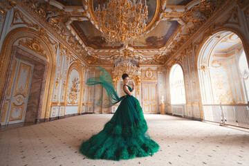 Portrait of a beautiful young girl in a Haute couture green dress standing in a luxurious gold...