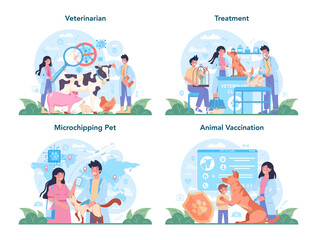 Fototapeta premium Pet veterinarian concept set. Veterinary doctor checking and treating