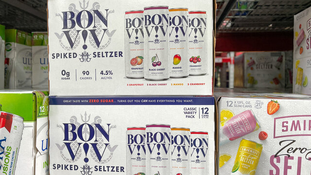 Cases Of Bon Viv Hard Spiked Seltzer Alcohol Beverages At A Sams Club Store.