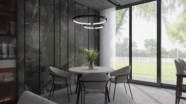 3D illustration. Camera flies through the interior of the living room in a modern style.