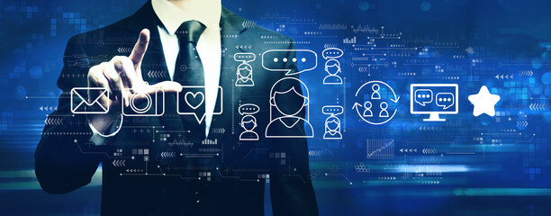 Social media theme with businessman on a dark blue background