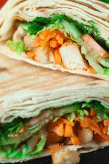 Homemade diet fresh shawarma with greens, chicken breast and tomatoes