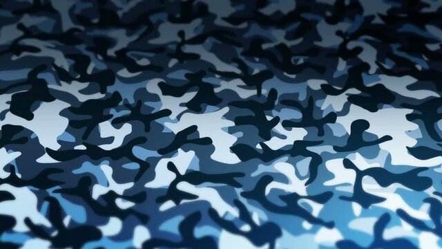 Blue camouflage pattern background. Military uniform concept. Abstract line and wave texture. Loop animation.