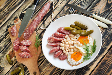 breakfast with egg, sausage and beans