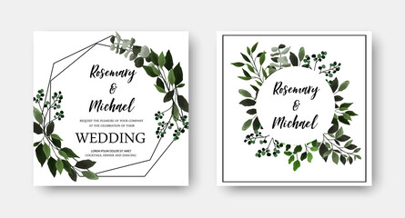 Save the date wedding invite card with floral green leaves, eucalyptus. Vector botanical template border, cover, decorative invitation with greenery, branch