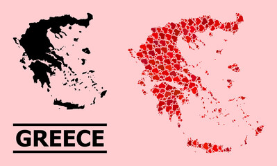 Love collage and solid map of Greece on a pink background. Collage map of Greece is designed with red valentine hearts. Vector flat illustration for dating concept illustrations.