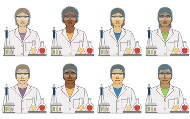 diversity, race, ethnicity of food technician, technologist, scientist vector icons, male and female, with beakers and test tubes, isolated on a white background