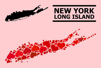 Love mosaic and solid map of Long Island on a pink background. Mosaic map of Long Island designed with red love hearts. Vector flat illustration for dating conceptual illustrations.
