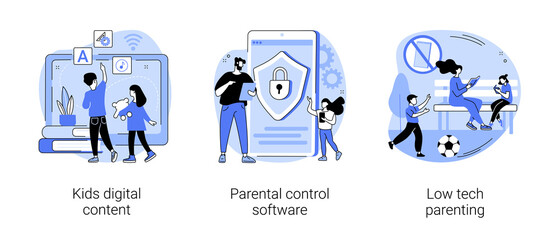 Children media access abstract concept vector illustration set. Kids digital content, parental control software, low tech parenting, screen time, gadget-free parenting, online apps abstract metaphor.