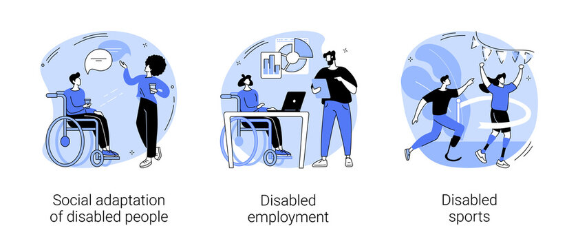 Inclusive Social Environment Abstract Concept Vector Illustration Set. Social Adaptation Of Disabled People, Disabled Employment, Sports With Physical Disabilities, Wheelchair Abstract Metaphor.