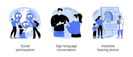 Social engagement abstract concept vector illustration set. Social participation, sign language conversation, assistive hearing device, hand alphabet, deaf people, gesture language abstract metaphor. © Visual Generation
