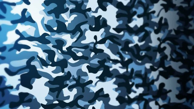 Blue camouflage pattern background. Military uniform concept. Abstract line and wave texture. Loop animation.