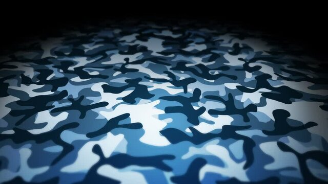 Blue camouflage pattern background. Military uniform concept. Abstract line and wave texture. Loop animation.