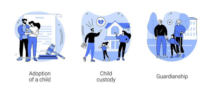 Parenting Abstract Concept Vector Illustration Set. Adoption Of A Child, Custody And Guardianship, Foster Care Parent, Family Conflict, Orphanage, Adoptive Parents, Separation Abstract Metaphor.