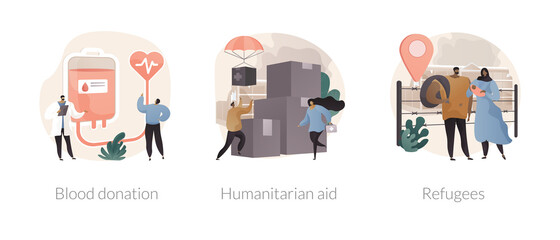 Humanitarian help abstract concept vector illustration set. Blood donation, humanitarian aid, refugees, transfusion center, crossing border, asylum seeker, immigration camp abstract metaphor. - obrazy, fototapety, plakaty