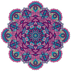 Vector hand drawn doodle mandala. Ethnic star flower with colorful ornament. Isolated. Illustration on doodle style.