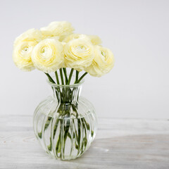 Bouquet of yellow ranunculus in a glass vase on a pale gray background.