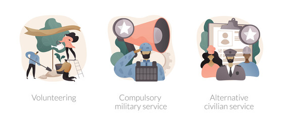 Community service abstract concept vector illustration set. Volunteering and compulsory military and alternative civilian service, mandatory work, non-profit social organization abstract metaphor.