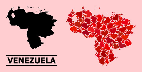 Love collage and solid map of Venezuela on a pink background. Collage map of Venezuela is composed with red love hearts. Vector flat illustration for love abstract illustrations.