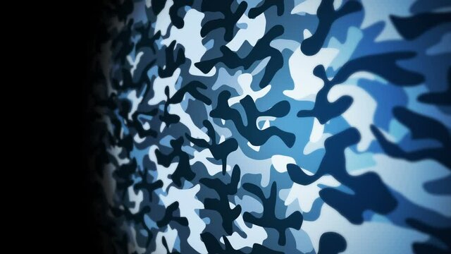 Blue camouflage pattern background. Military uniform concept. Abstract line and wave texture. Loop animation.
