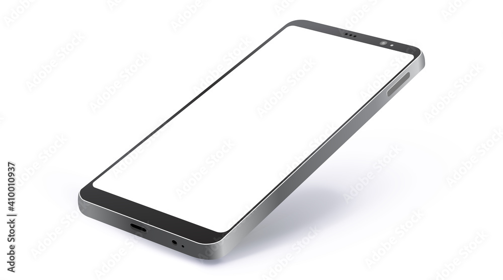 Poster black mobile phone realistic vector mockup with perspective view. smartphone screen isolated on whit