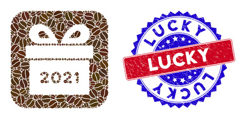 Vector collage 2021 gift and grunge bicolor Lucky seal stamp. Mosaic 2021 gift constructed as carved shape from rounded square of cocoa grain.