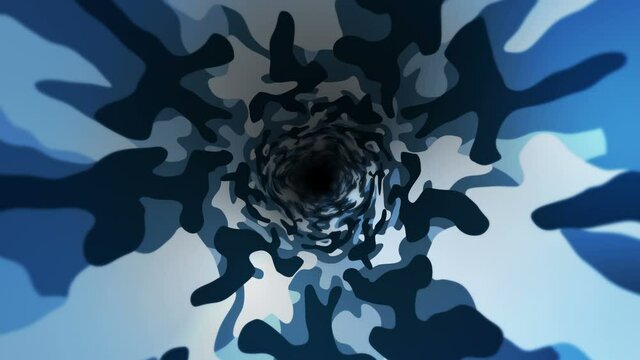 Blue camouflage pattern background. Military uniform concept. Abstract line and wave texture. Loop animation.