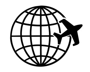 Illustration of an airplane flies around the earth. Stylized image. Flat style. Isolated on white background. Can be used as an icon, logo.