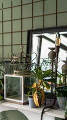 interno di un ristorante, scaffale di un ristorante arredato con pianta e oggetti in color rame, specchio e lampada