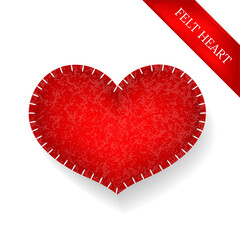 Happy Valentine's day concept template. Decorative 3d realistic red felt heart on white background. Design element for banner, poster, flyer, placard, greeting card. Vector illustration.