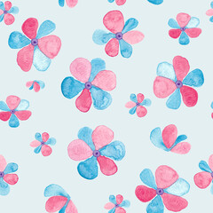 Pink and blue flowers watercolor painting- hand drawn seamless pattern on light background