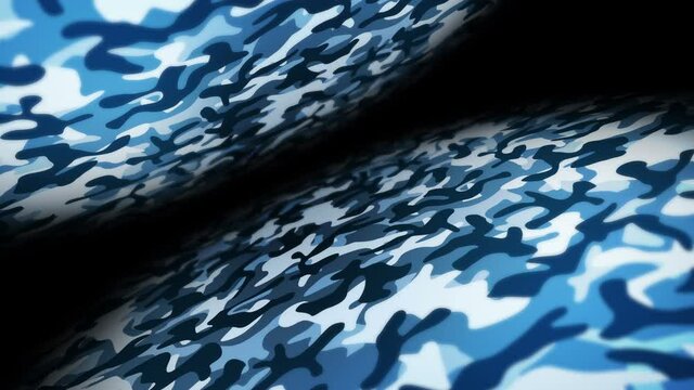 Blue camouflage pattern background. Military uniform concept. Abstract line and wave texture. Loop animation.
