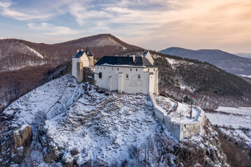Fototapeta premium Hungary panorama view of Fuzer (Füzér) castle and Zemplen (Zemplén) mountains. The castle built in 1264.