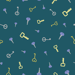 Scattered keays seamless vector pattern on dark teal. Simple surface print design for fabrics, stationery, scrapbook paper, gift wrap, textiles, backgrounds, and packaging.