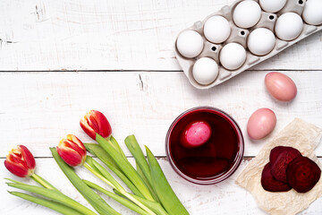 Easter eggs are colored with natural egg dye from fruits and vegetables, beet juice