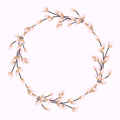 Willow wreath. Round frame made of willow twigs.Easter wreath made of willow stalks.Design for postcards, printing.